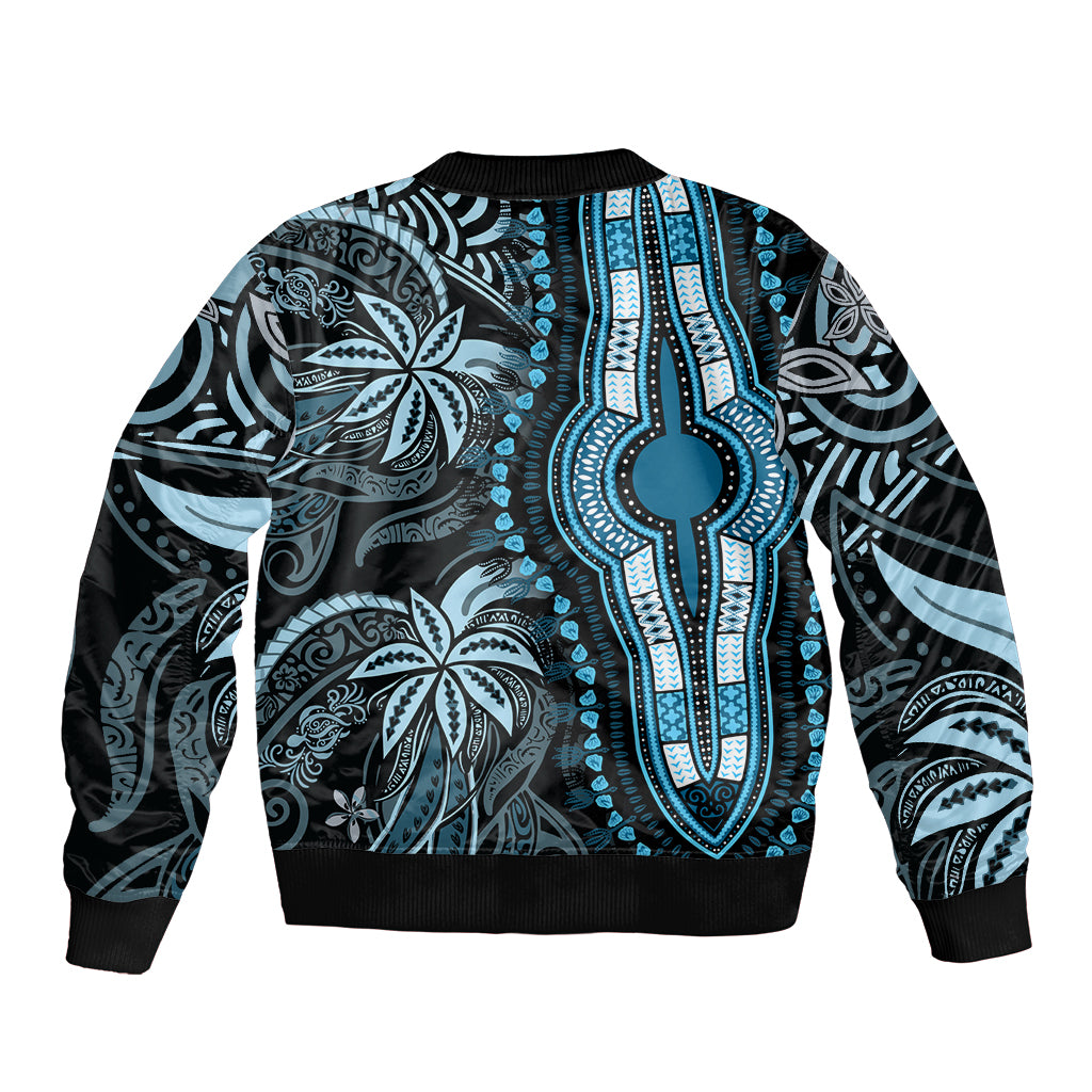 Blue bomber jacket with black tribal print, ribbed neck, hem, and cuffs
