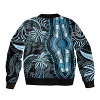Blue bomber jacket with black tribal print, ribbed neck, hem, and cuffs
