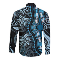 Blue long-sleeve button shirt, back view, large central pattern with tribal motifs
