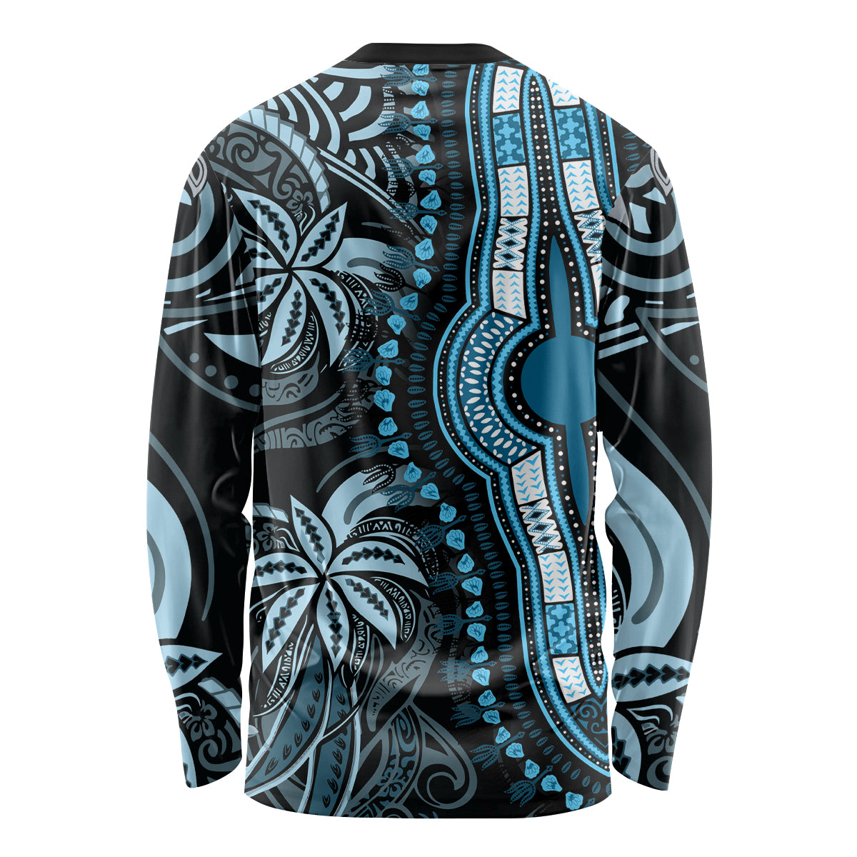 Unisex long-sleeve dashiki shirt with blue and black geometric floral print