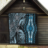 Black and blue dashiki quilt with arched blue ornament and speckled decorative details