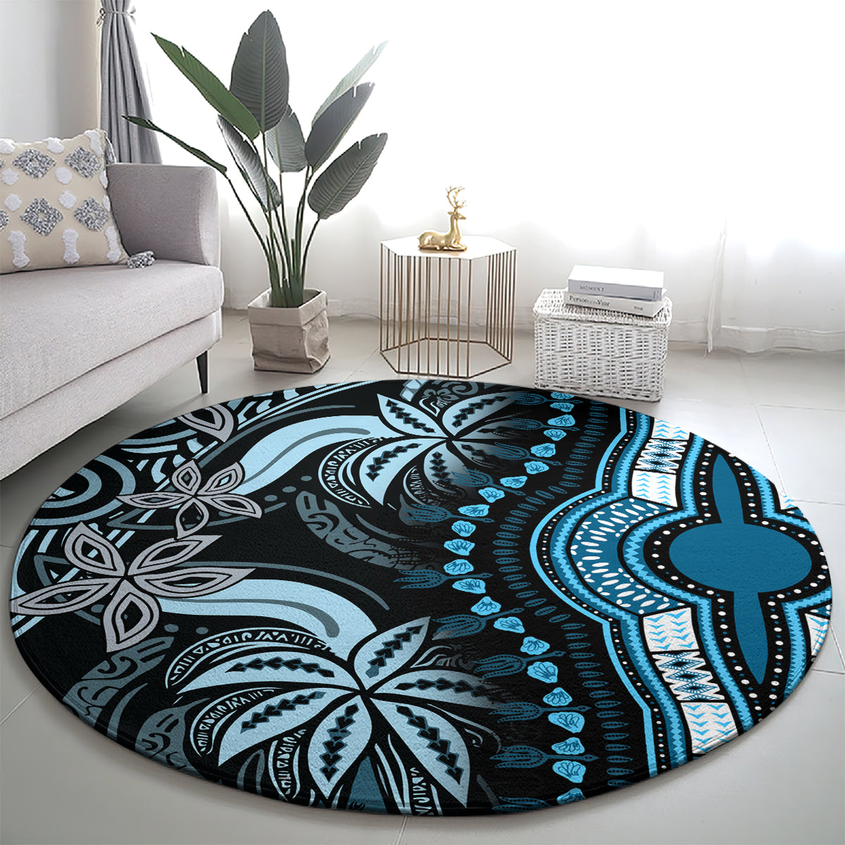 Round blue dashiki-style carpet with central mandala and blue accents in black, white