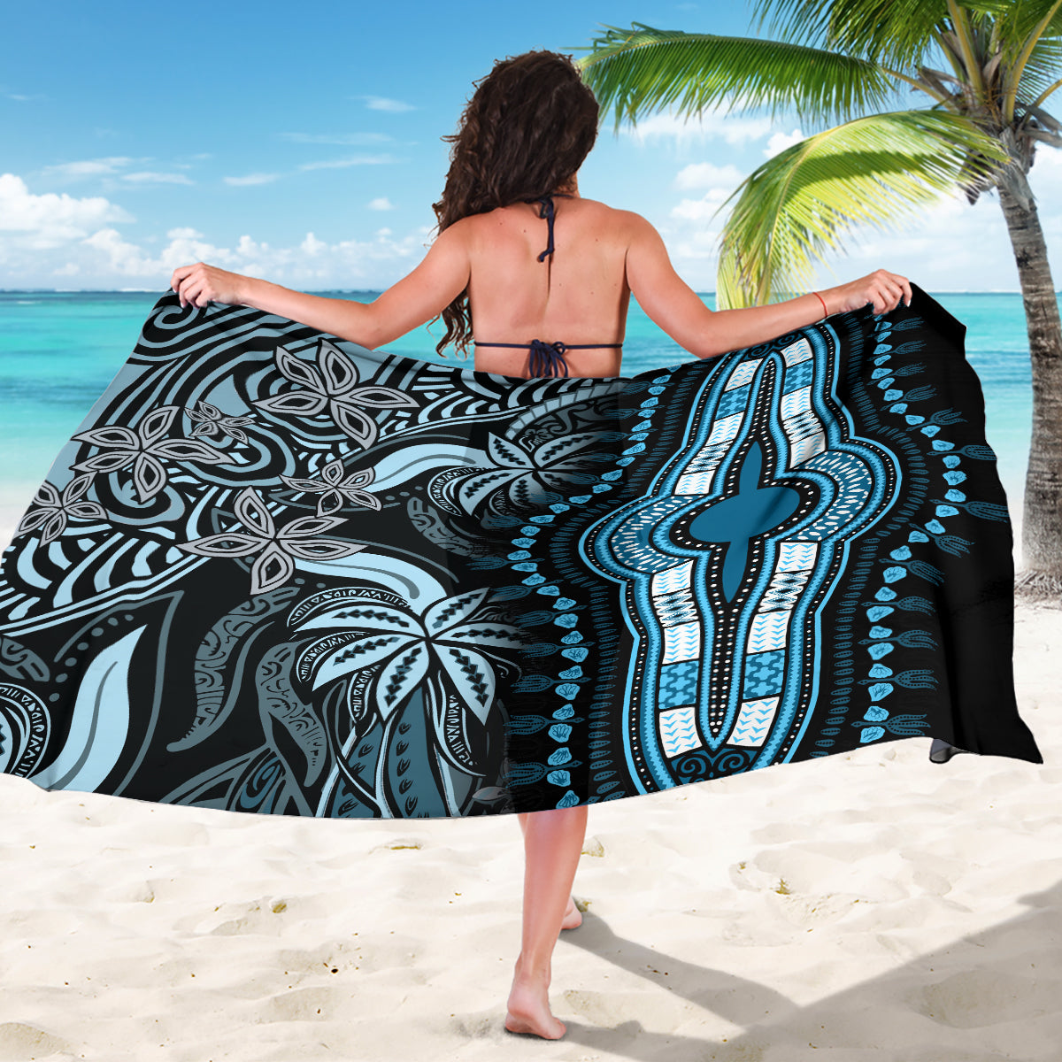 Blue and black dashiki-style sarong wrap, tribal medallion print, rear view