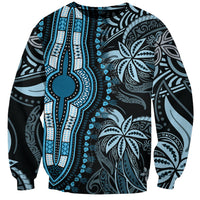 Unisex dashiki sweatshirt, blue with black and light tribal print, crew neck, long sleeves.