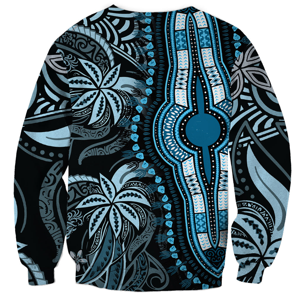 Unisex dashiki sweatshirt with bold blue cross-and-floral tribal print, crew neck, long sleeves.