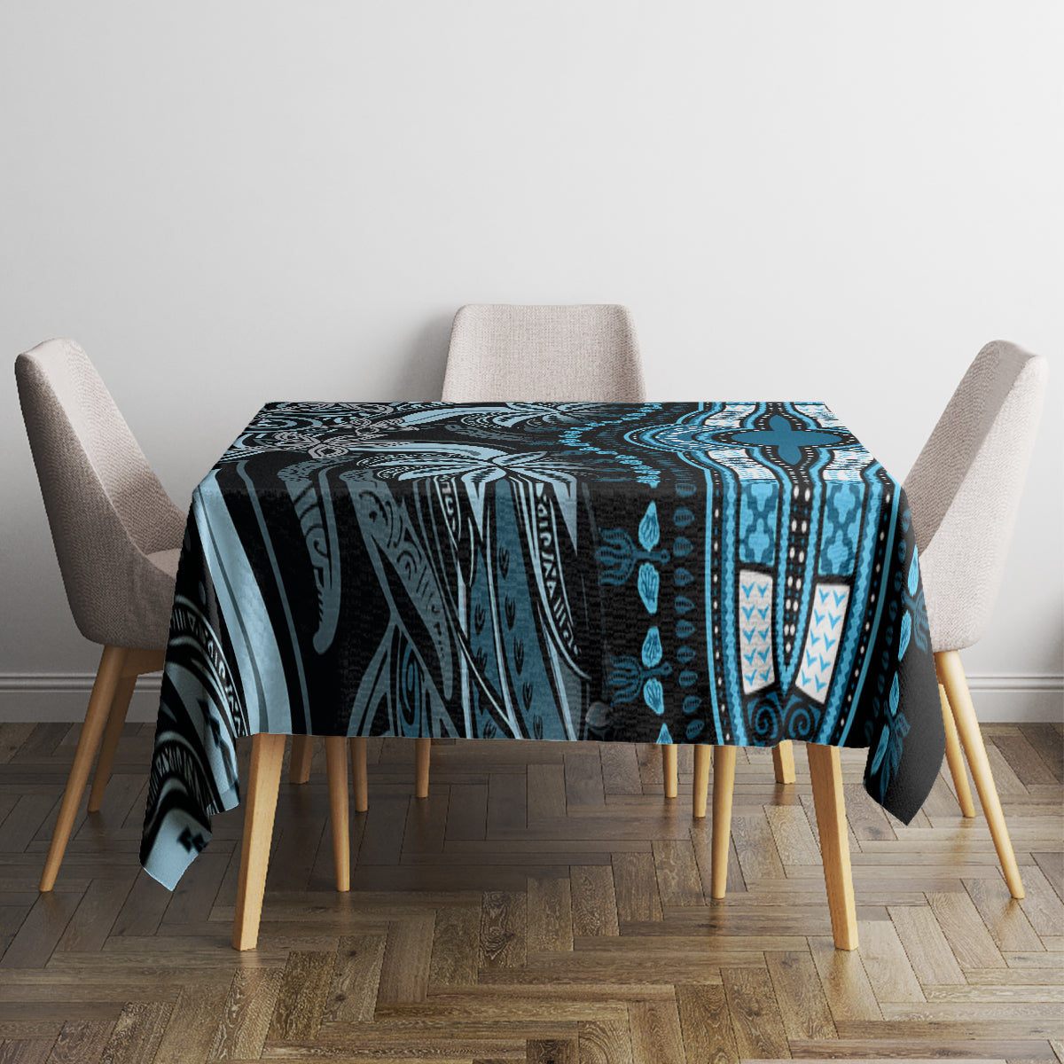Square blue and black tribal patterned tablecloth covering table with geometric stripe details