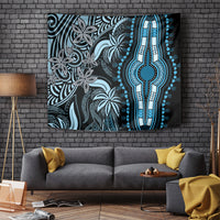 Blue and black Polynesian dashiki tapestry with ornate floral pattern and central hand motif
