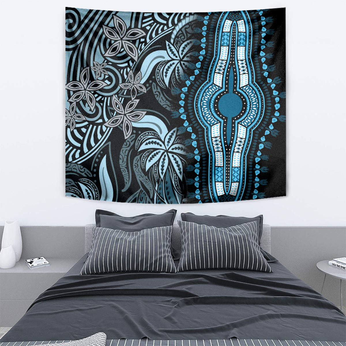 Blue and black tapestry with floral filigree left and glowing hand emblem right