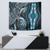 Blue and black Polynesian dashiki tapestry with detailed hand emblem and leaf scroll designs