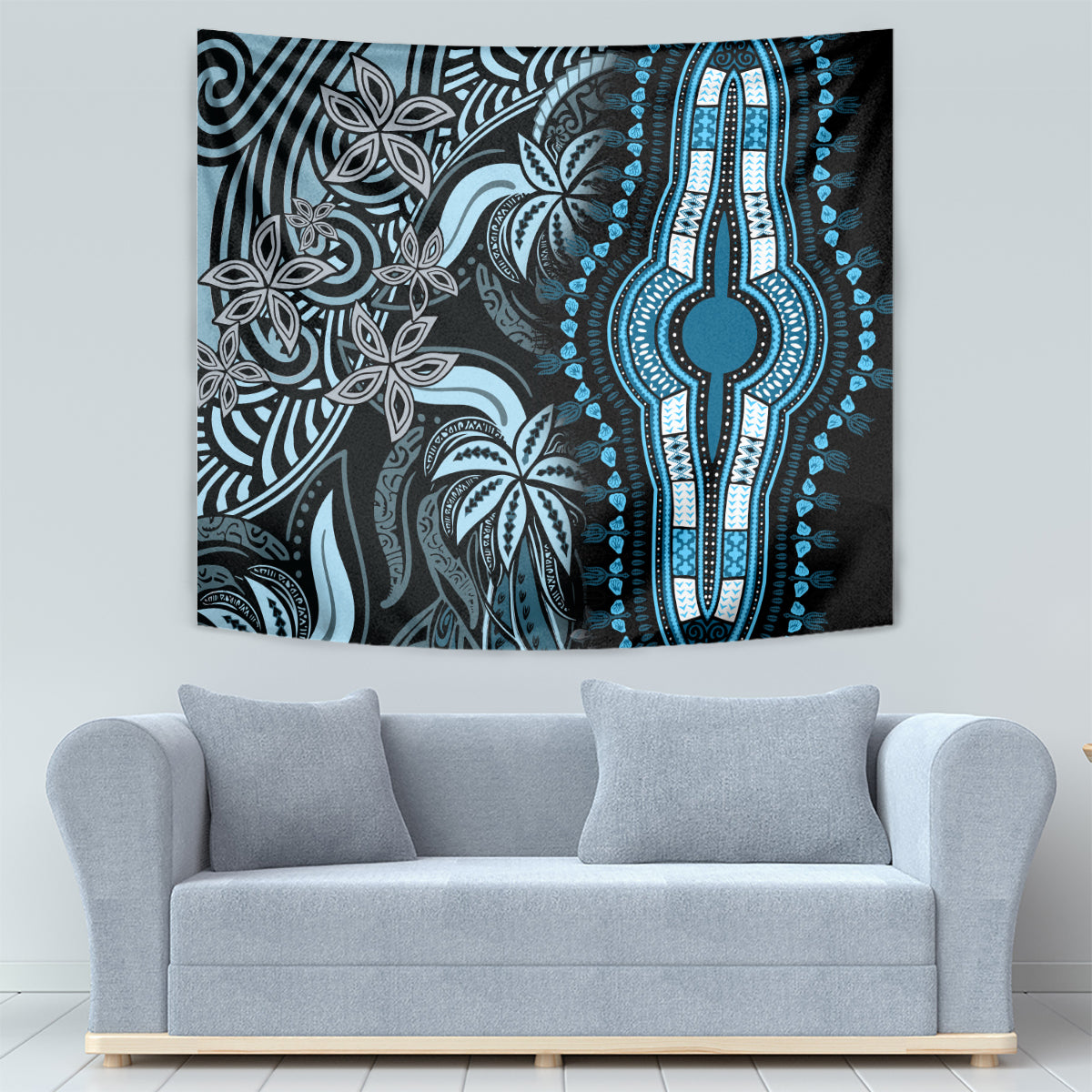 Blue and black hand-and-floral dashiki tapestry with bead-like border along right edge