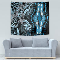 Blue and black hand-and-floral dashiki tapestry with bead-like border along right edge