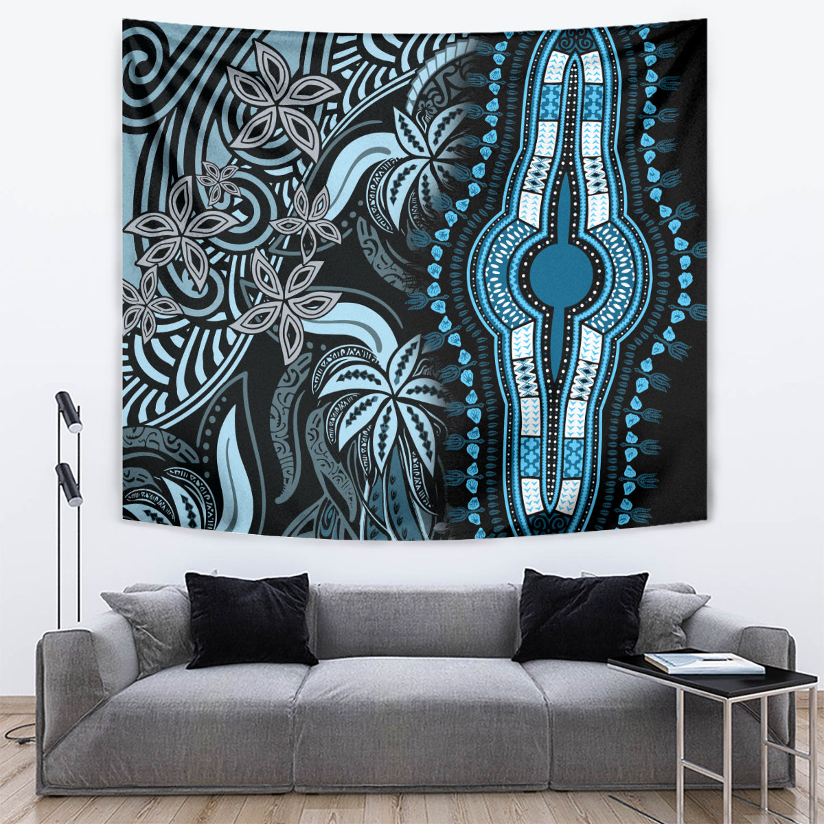 Blue and black tapestry featuring central hand symbol and swirling leaf motifs