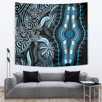 Blue and black tapestry featuring central hand symbol and swirling leaf motifs