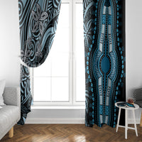 Pair of window curtains: left dark white-line pattern, right blue medallion print