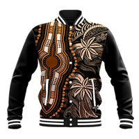 Black baseball jacket with gold and orange dashiki print, snap button front, striped ribbed cuffs