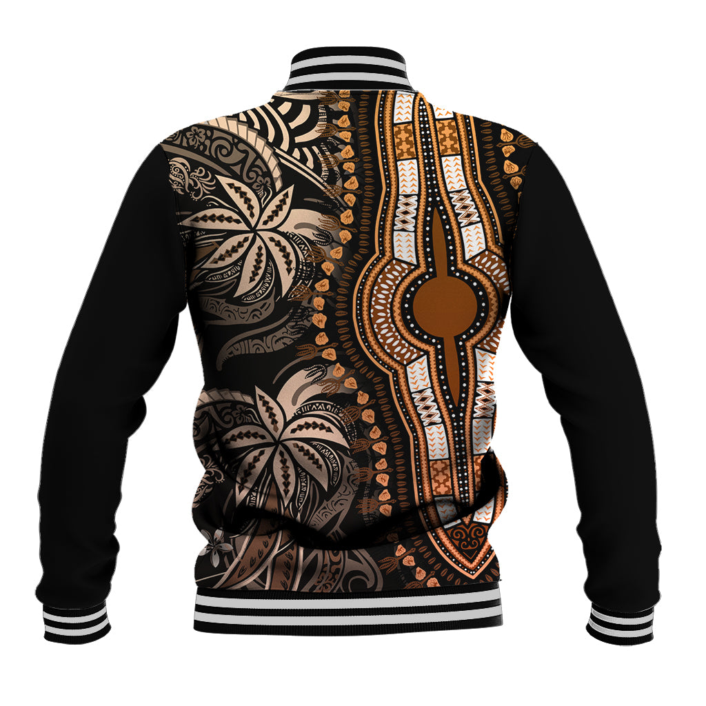 Black baseball jacket with back dashiki graphic in gold, orange, and tan, striped ribbed hem and cuffs