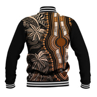 Black baseball jacket with back dashiki graphic in gold, orange, and tan, striped ribbed hem and cuffs