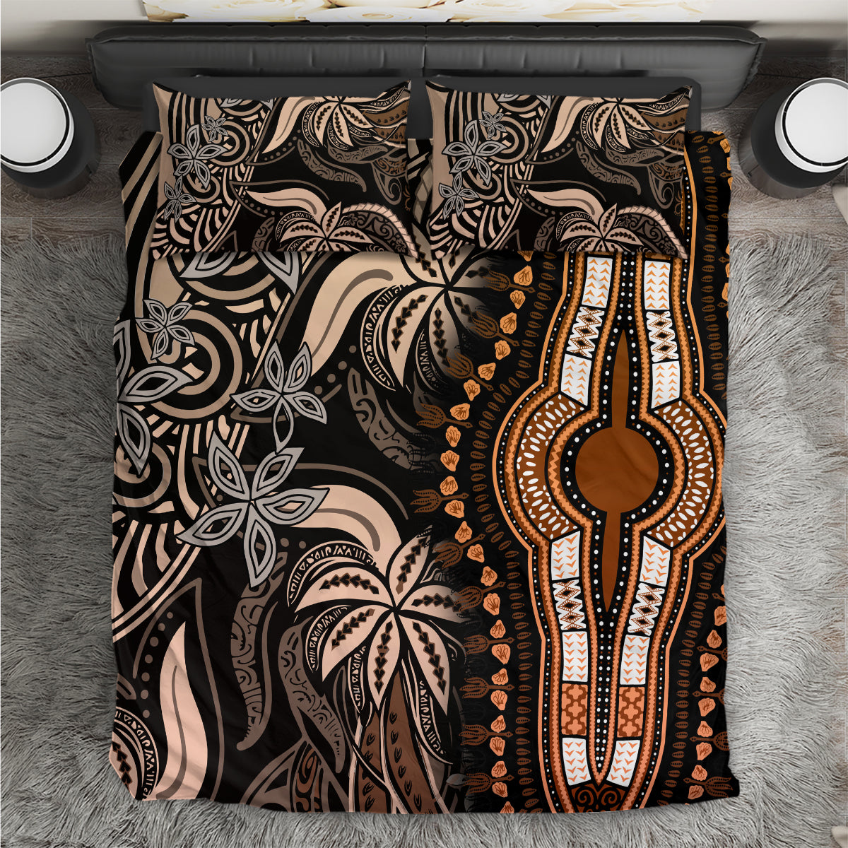 Tribal dashiki-style duvet cover set with black, gold, and beige ornate pattern
