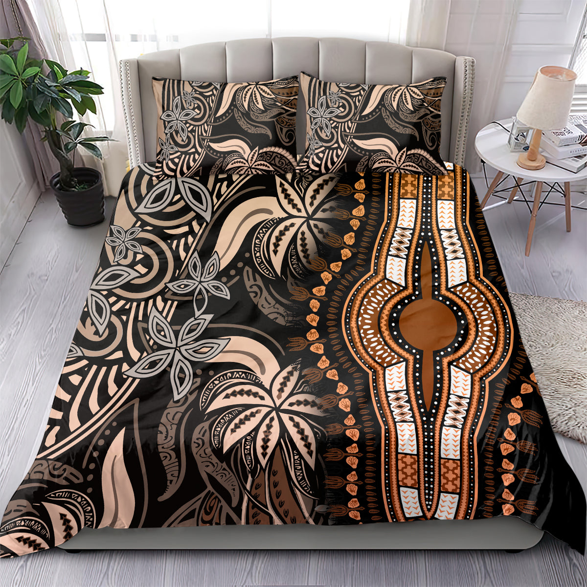 Tribal patterned duvet cover set in black with gold and beige central medallion