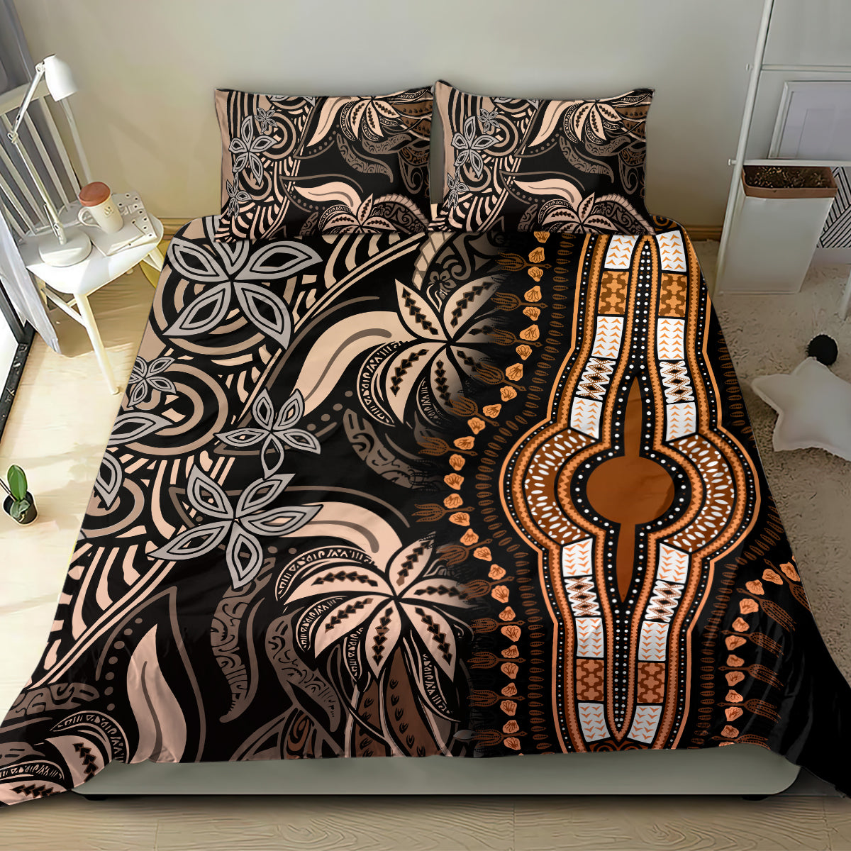 Tribal patterned duvet cover set with large gold cross-like emblem on black and beige