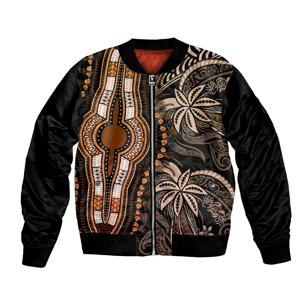 Unisex bomber jacket with black satin finish and gold, orange, and tribal print