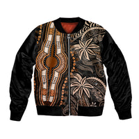 Unisex bomber jacket with black satin finish and gold, orange, and tribal print