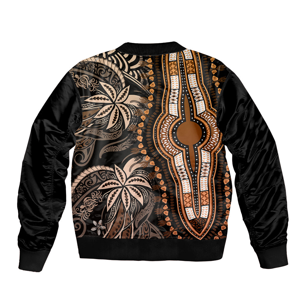 Unisex bomber jacket, black with gold and orange tribal panel and large center motif