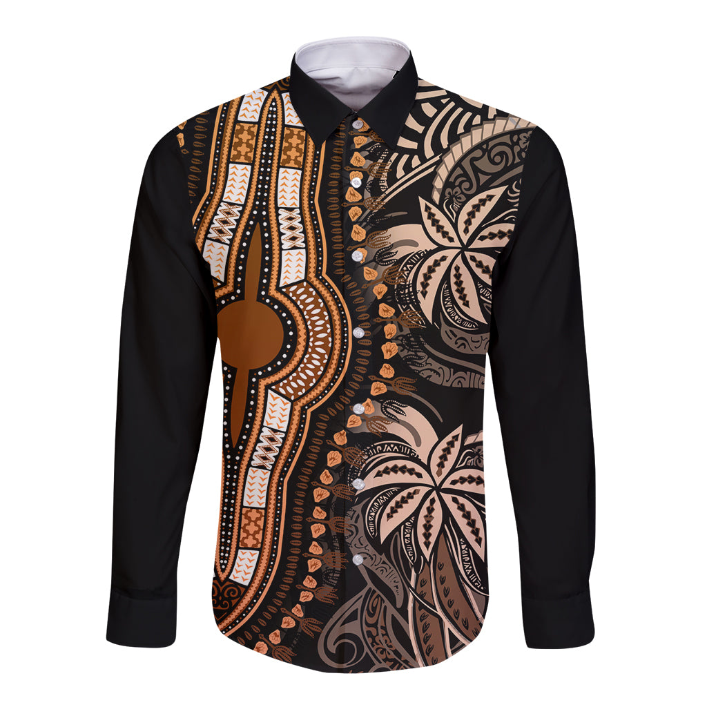 Unisex long-sleeve dashiki button shirt in black with gold tribal print, front view