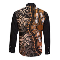 Unisex long-sleeve dashiki button shirt in black with gold tribal print, back view