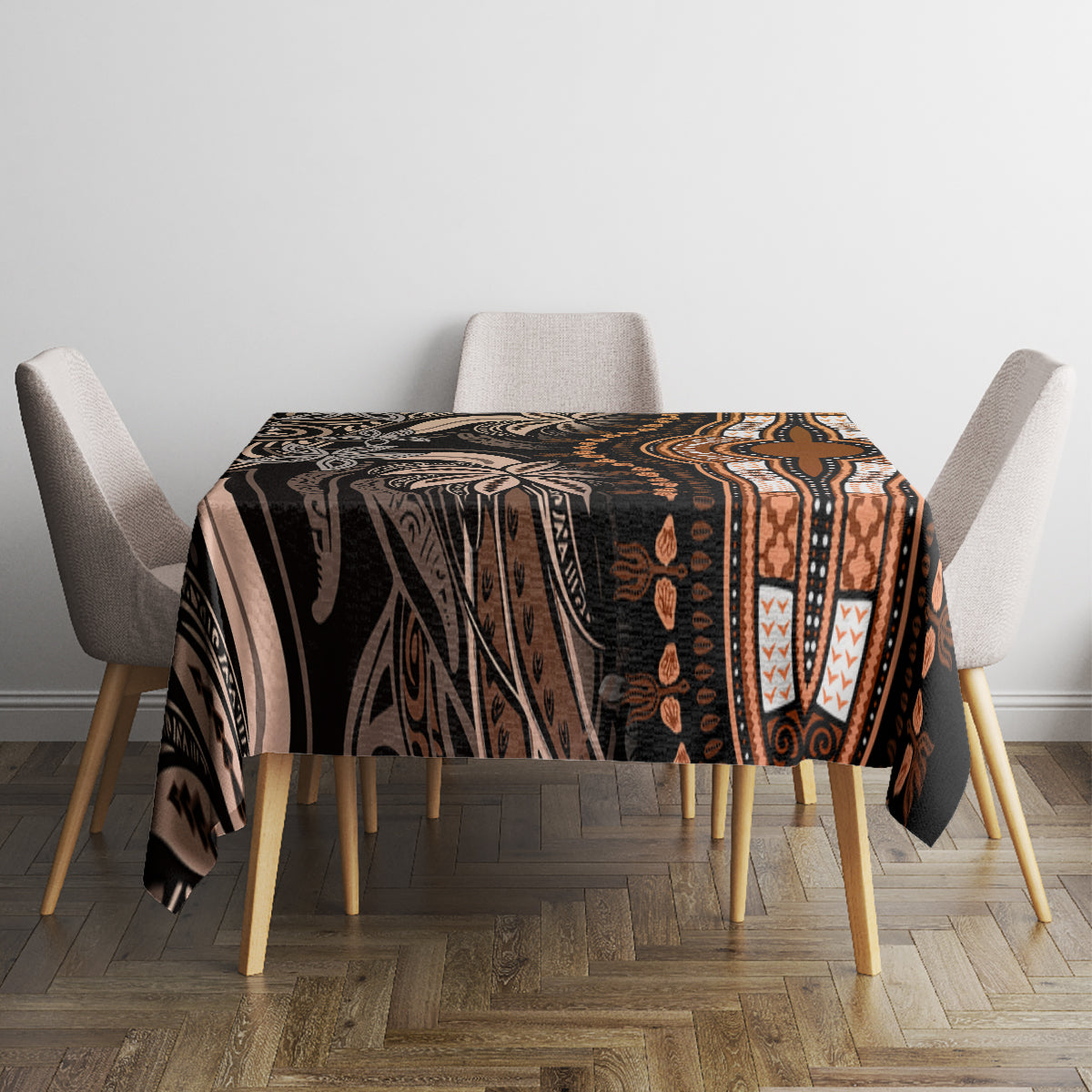 Dark dashiki print tablecloth with gold, brown, and cream accents