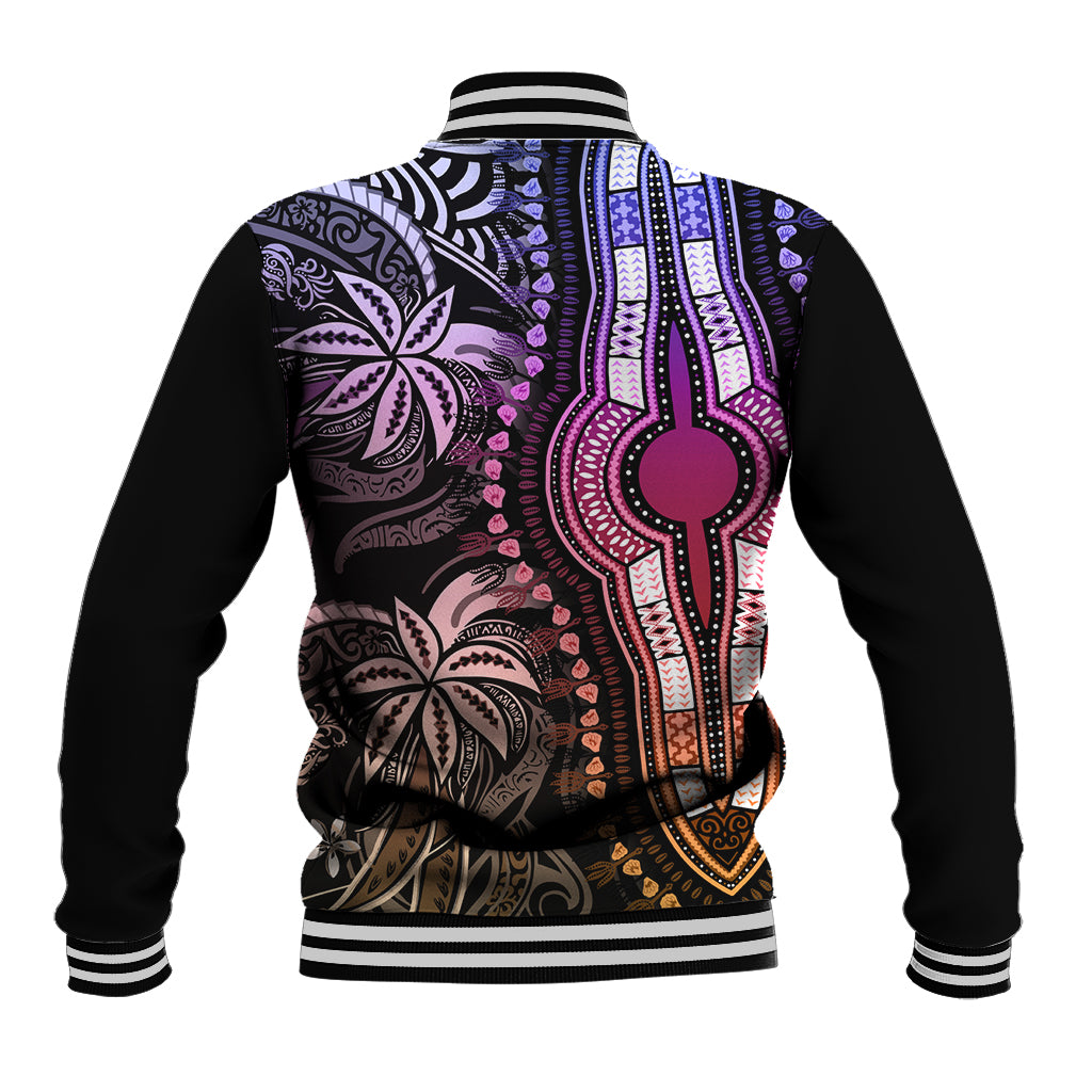 Unisex baseball jacket with pastel dashiki-style back print on black, ribbed hem