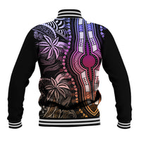 Unisex baseball jacket with pastel dashiki-style back print on black, ribbed hem