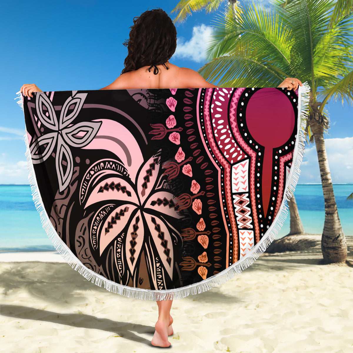 Round beach blanket with fringe edge, black base with purple and pink tribal design