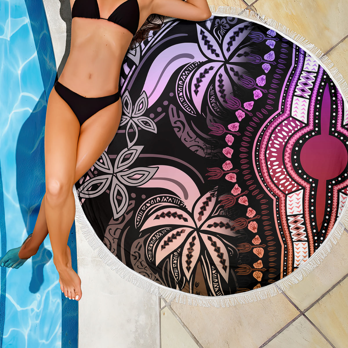 Round beach blanket with fringe edge, close-up black and purple tribal pattern with pink accents