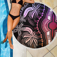 Round beach blanket with fringe edge, close-up black and purple tribal pattern with pink accents