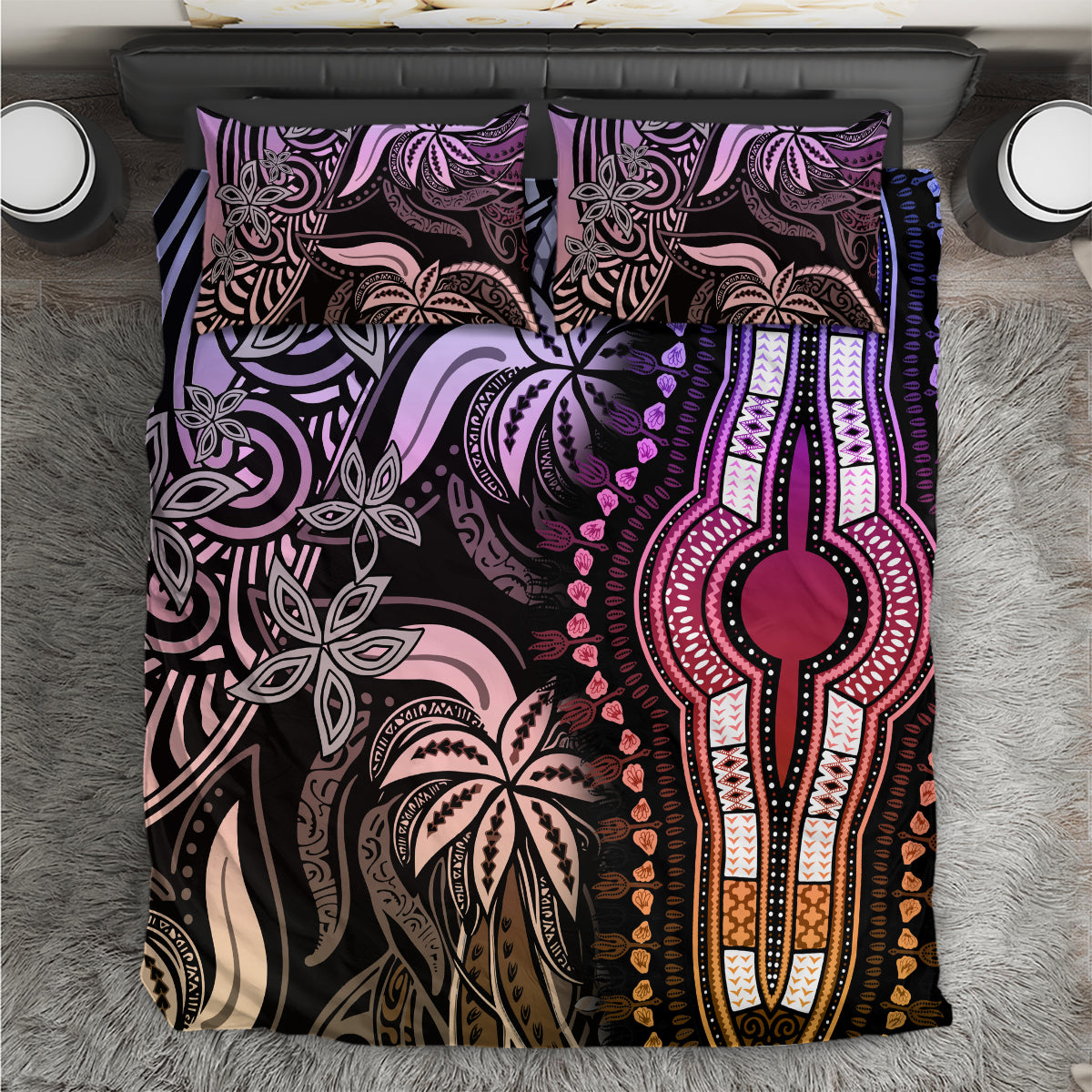Purple and black dashiki bedding set with ornate hamsa-like center and floral motifs