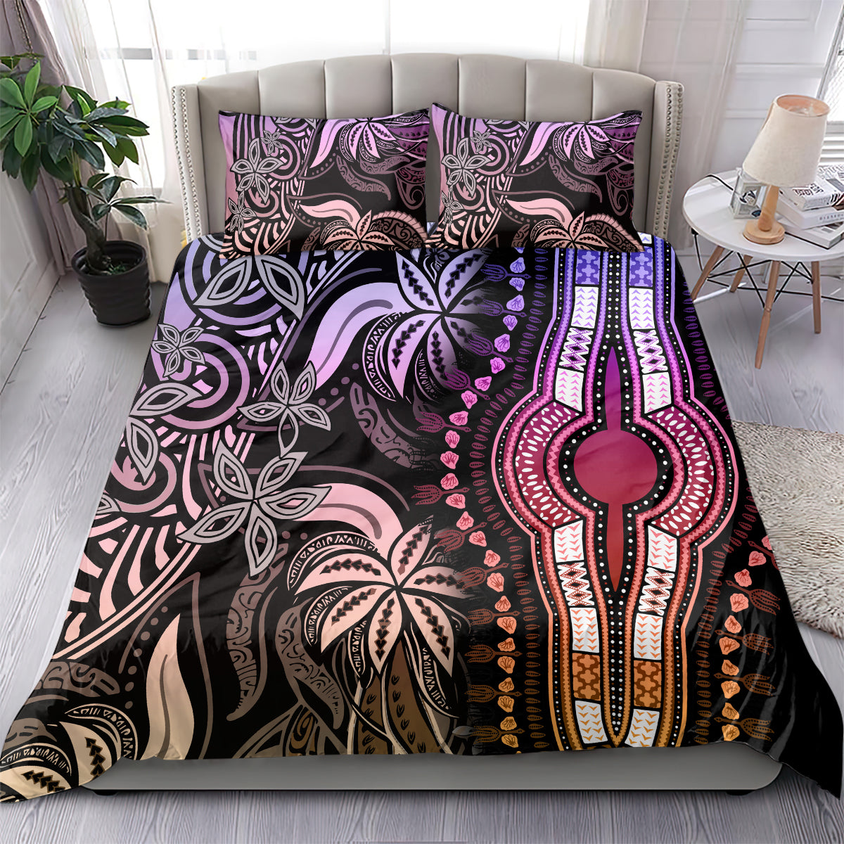 Dashiki bedding set in purple and black, wide view with central emblem and patterned borders