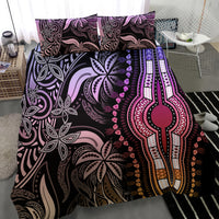 Purple and black duvet cover with large pendant emblem, geometric stripes, and leaf motifs