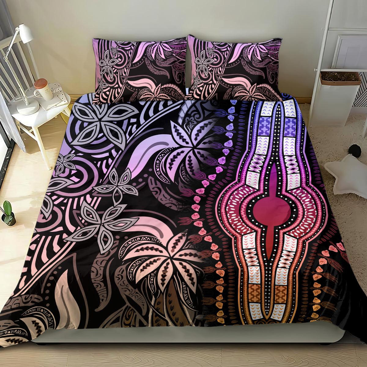 Dashiki bedding set with purple, pink, and black tribal design, symmetrical floral patterns