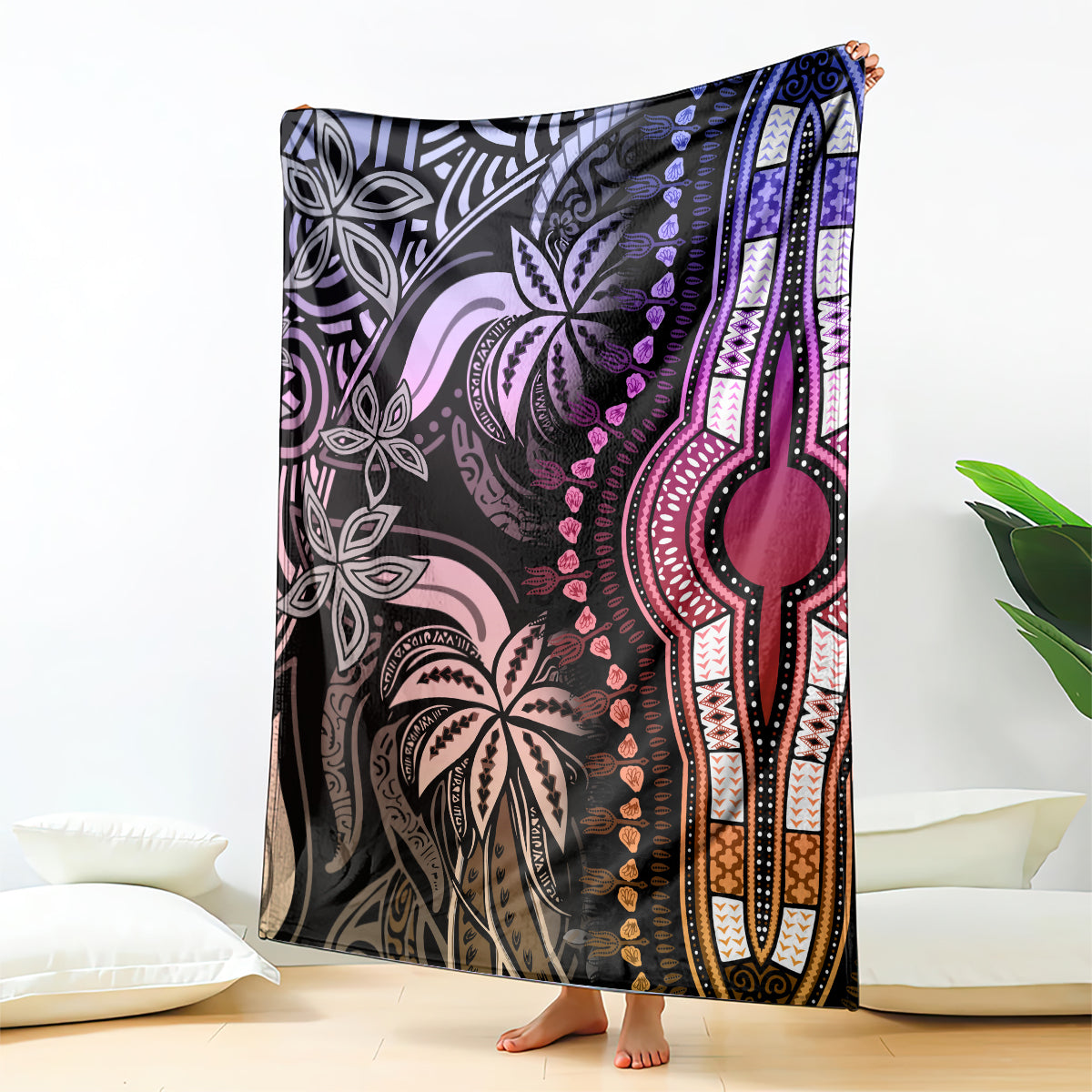Pastel dashiki pattern blanket, black base with purple and pink floral elephant motifs