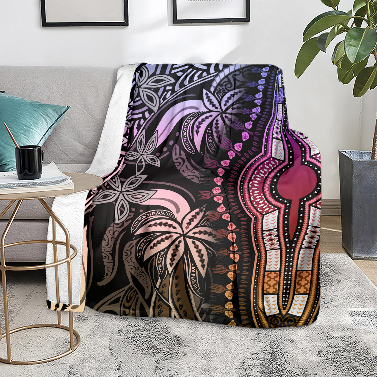 Pastel dashiki pattern blanket on chair, black with purple and pink elephant design