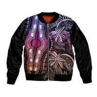 Black bomber jacket with colorful pastel dashiki-style front patchwork graphics