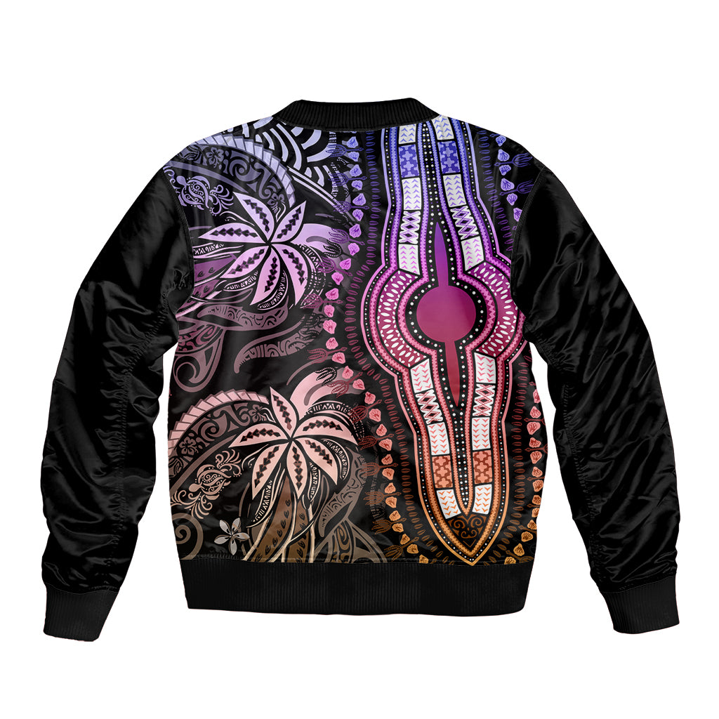 Black bomber jacket with pastel purple and pink dashiki front panel and sleeves