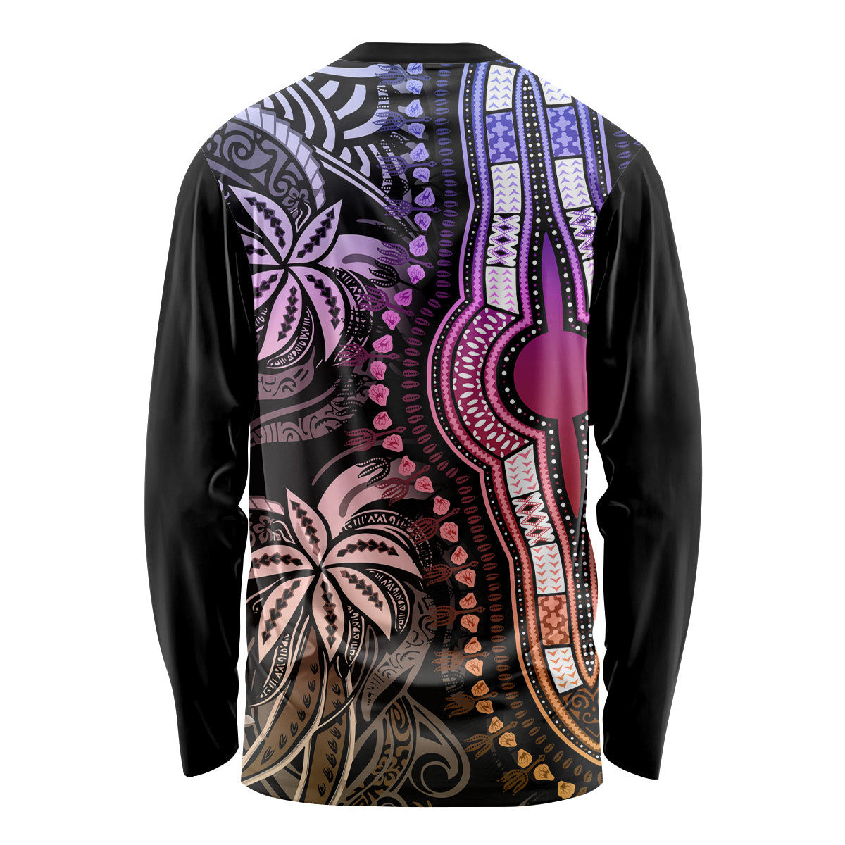 Unisex black long-sleeve dashiki shirt, back view, pastel purple floral and tribal pattern