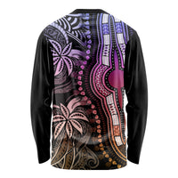 Unisex black long-sleeve dashiki shirt, back view, pastel purple floral and tribal pattern