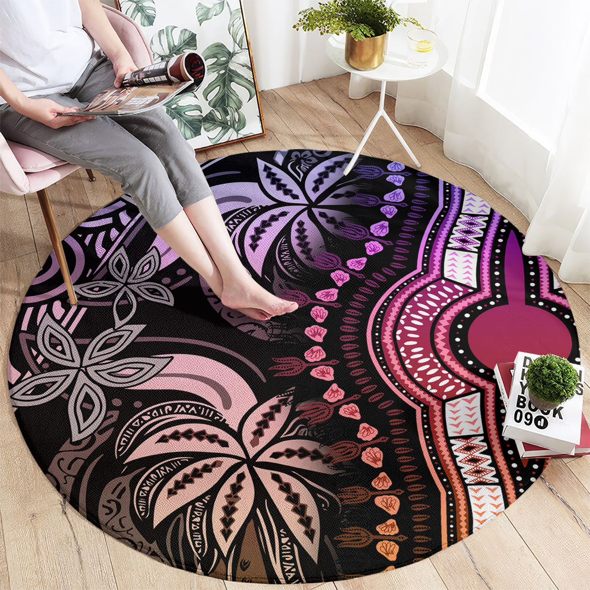 Round dashiki-style carpet, dark with purple and pink tribal patterns and cream accents