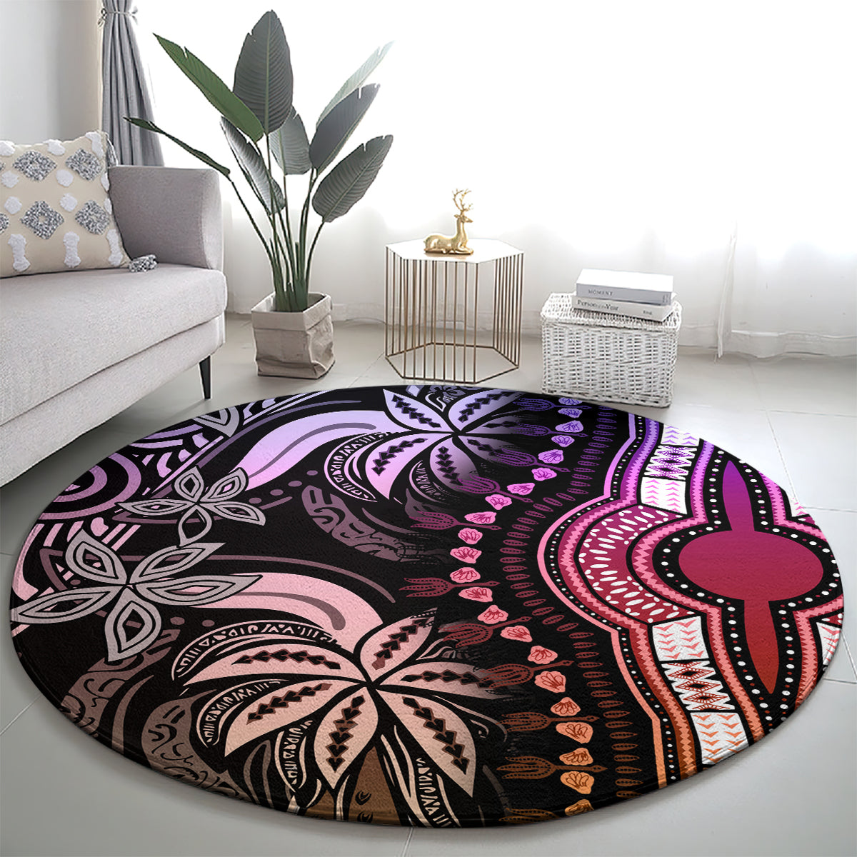 Round dashiki-style carpet with dark base and purple/pink mandala cross tribal motif