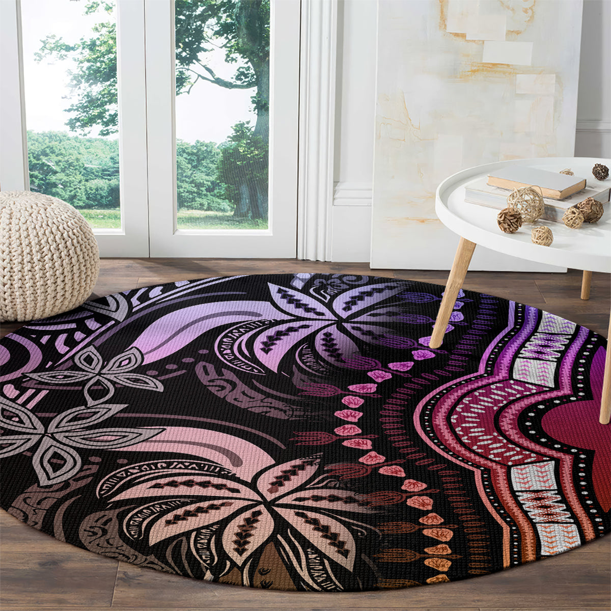 Round dashiki-style carpet, dark with purple and magenta tribal border details