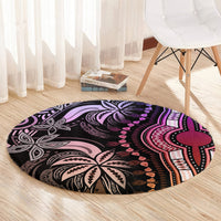 Round dashiki-style carpet with dark base, purple and pink tribal medallion motifs