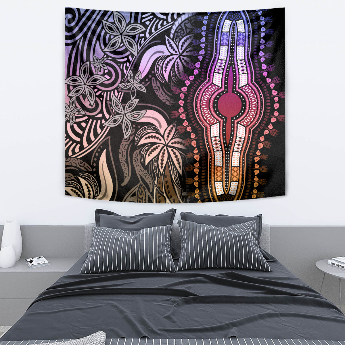 Pastel wall tapestry showing floral details and a hand-shaped center motif in purple and pink